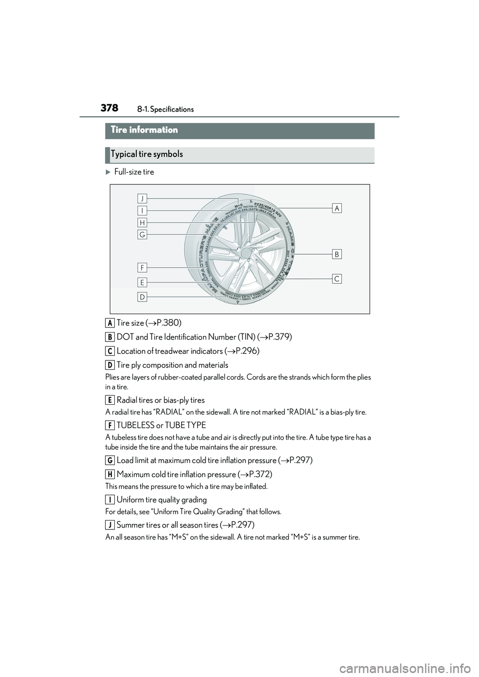 LEXUS IS300 2022  Owners Manual 3788-1. Specifications
Full-size tire
Tire size ( P.380)
DOT and Tire Identification Number (TIN) ( P.379)
Location of treadwear indicators ( P.296)
Tire ply composition and materials
Plie