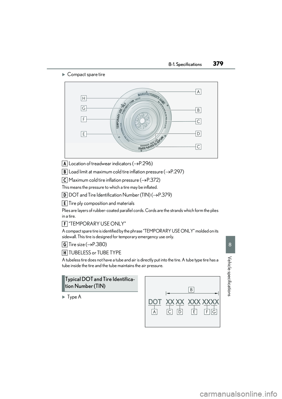 LEXUS IS300 2022  Owners Manual 3798-1. Specifications
8
Vehicle specifications
Compact spare tireLocation of treadwear indicators ( P.296)
Load limit at maximum cold tire inflation pressure ( P.297)
Maximum cold tire infla