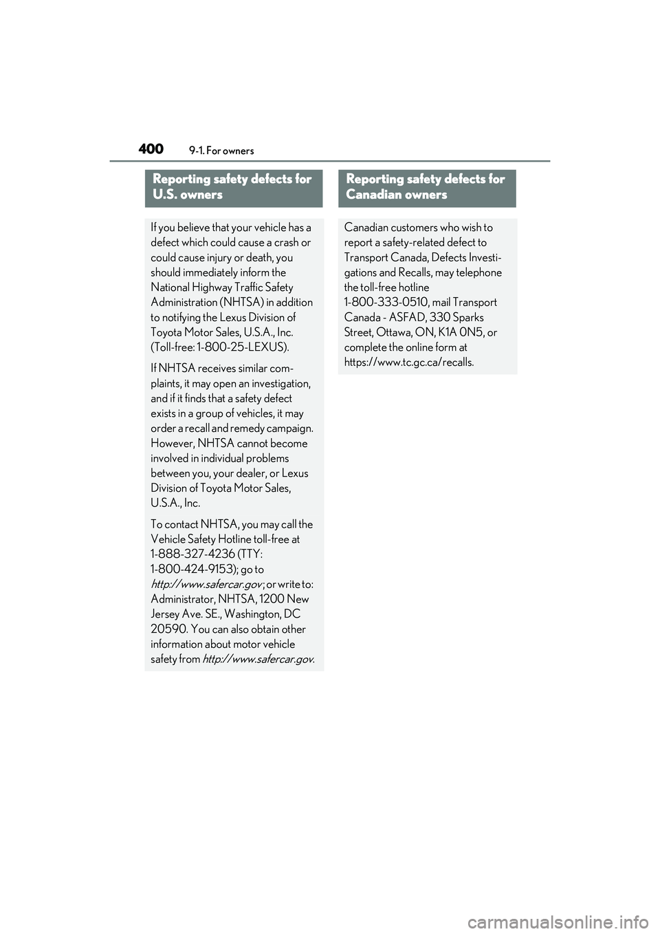 LEXUS IS300 2022  Owners Manual 4009-1. For owners
9-1.For owners
Reporting safety defects for 
U.S. owners
If you believe that your vehicle has a 
defect which could cause a crash or 
could cause injury or death, you 
should immedi
