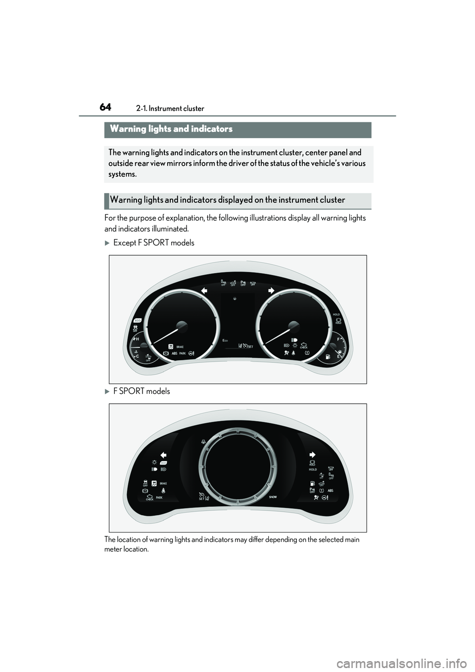 LEXUS IS300 2022  Owners Manual 642-1. Instrument cluster
2-1.Instrument cluster
For the purpose of explanation, the following illustrations display all warning lights 
and indicators illuminated.
Except F SPORT models
F SPORT