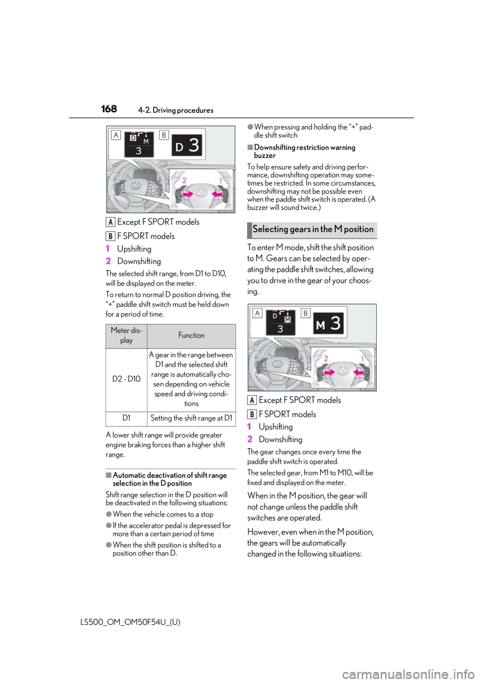 LEXUS LS500 2018 Owners Manual 168 4-2. Driving procedures
LS500_OM_OM50F54U_(U) Except F SPORT models
F SPORT models
1 Upshifting
2 DownshiftingThe selected shift rang e, from D1 to D10,
will be displayed on the meter.
To return LEXUS LS500 2018 Owners Manual 168 4-2. Driving procedures
LS500_OM_OM50F54U_(U) Except F SPORT models
F SPORT models
1 Upshifting
2 DownshiftingThe selected shift rang e, from D1 to D10,
will be displayed on the meter.
To return