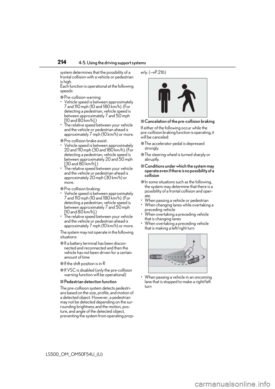 LEXUS LS500 2018 Owners Manual 214 4-5. Using the driving support systems
LS500_OM_OM50F54U_(U) system determines that the possibility of a
frontal collision with a vehicle or pedestrian
is high.
Each function is operat ional at LEXUS LS500 2018 Owners Manual 214 4-5. Using the driving support systems
LS500_OM_OM50F54U_(U) system determines that the possibility of a
frontal collision with a vehicle or pedestrian
is high.
Each function is operat ional at
