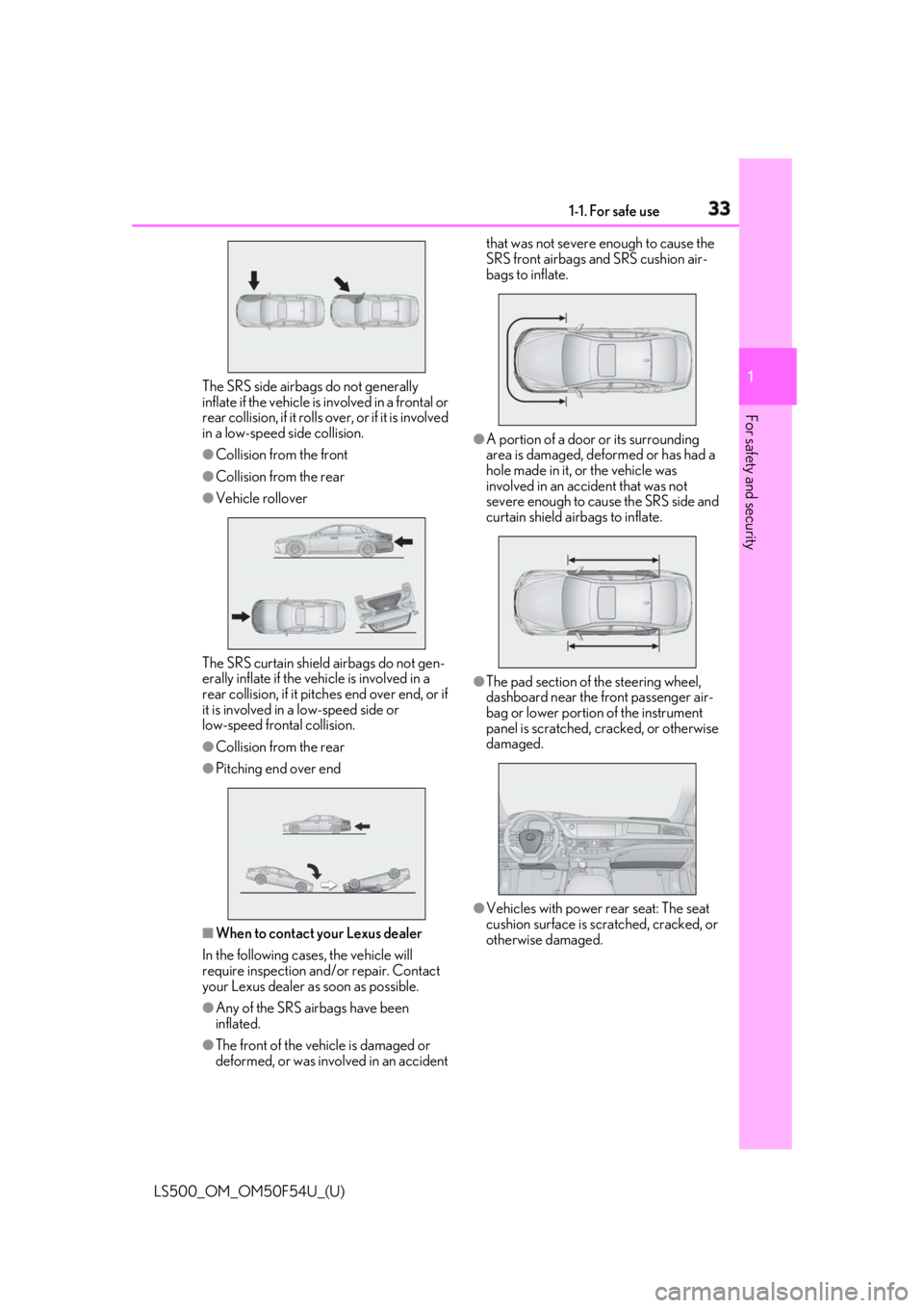 LEXUS LS500 2018  Owners Manual 331-1. For safe use
LS500_OM_OM50F54U_(U) 1
For safety and security The SRS side airbags do not generally 
inflate if the vehicle is involved in a frontal or 
rear collision, if it rolls ov er, or if 