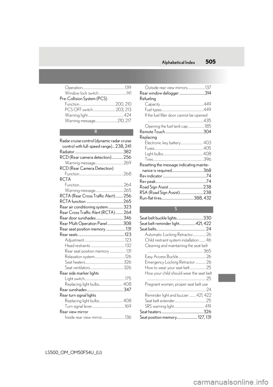 LEXUS LS500 2018  Owners Manual 5051-1. What to do if... (Troubleshooting)
LS500_OM_OM50F54U_(U) 505Alphabetical Index
Operation........................................................139
Window lock switch .........................