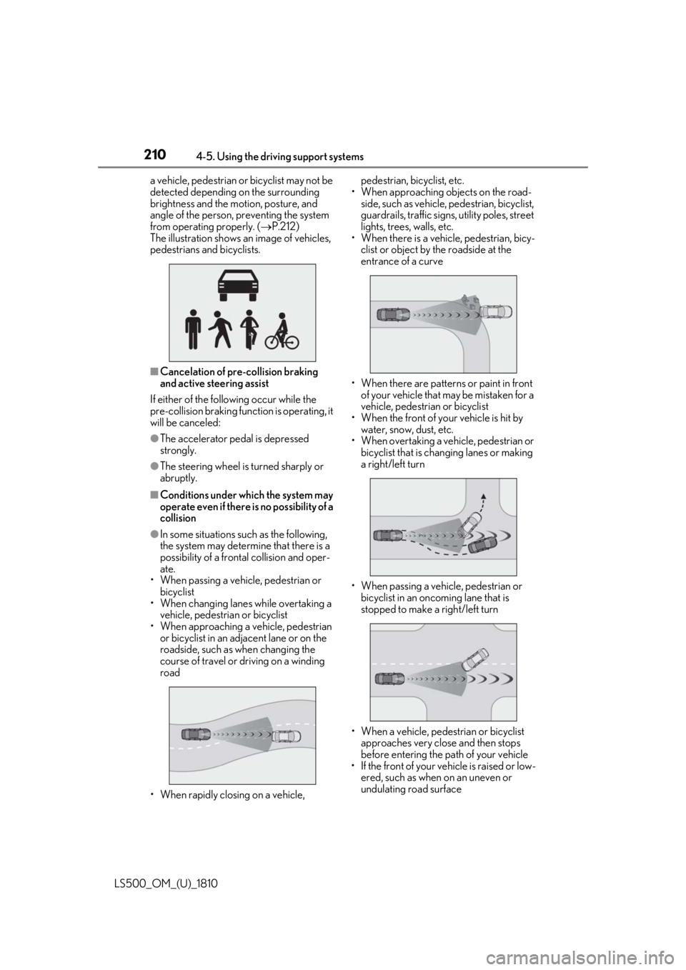 LEXUS LS500 2019 Owners Manual 210 4-5. Using the driving support systems
LS500_OM_(U)_1810 a vehicle, pedestrian or bicyclist may not be
detected depending on the surrounding
brightness and the motion, posture, and
angle of the LEXUS LS500 2019 Owners Manual 210 4-5. Using the driving support systems
LS500_OM_(U)_1810 a vehicle, pedestrian or bicyclist may not be
detected depending on the surrounding
brightness and the motion, posture, and
angle of the