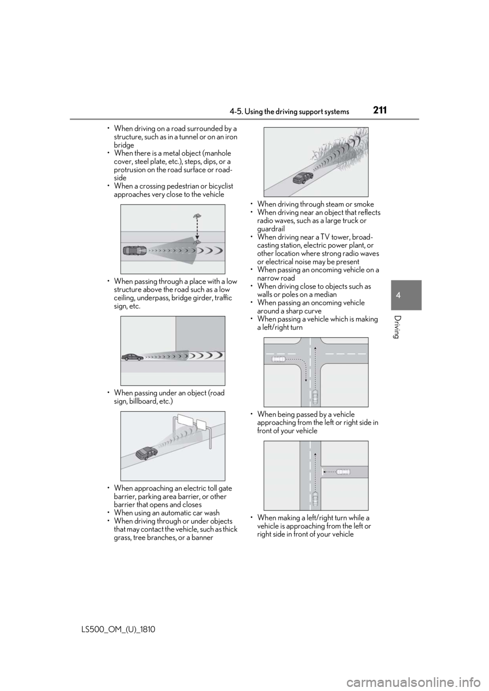 LEXUS LS500 2019 Owners Manual 2114-5. Using the driving support systems
LS500_OM_(U)_1810 4
Driving • When driving on a road surrounded by a
structure, such as in a tunnel or on an iron
bridge
• When there is a metal object LEXUS LS500 2019 Owners Manual 2114-5. Using the driving support systems
LS500_OM_(U)_1810 4
Driving • When driving on a road surrounded by a
structure, such as in a tunnel or on an iron
bridge
• When there is a metal object