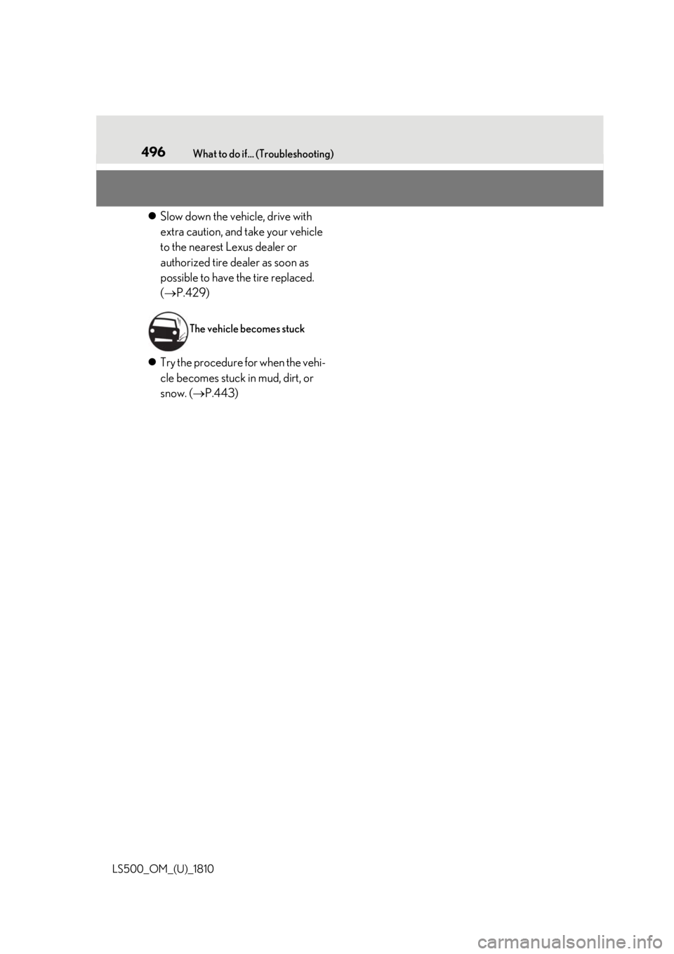 LEXUS LS500 2019  Owners Manual 496 What to do if... (Troubleshooting)
LS500_OM_(U)_1810  Slow down the vehicle, drive with 
extra caution, and take your vehicle 
to the nearest Lexus dealer or 
authorized tire dealer as soon as 