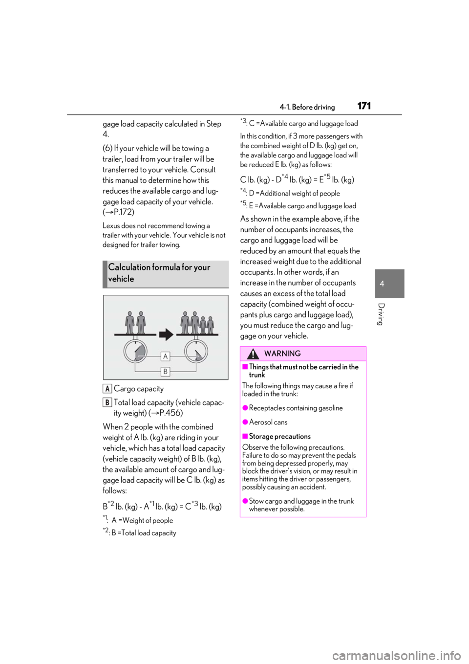 LEXUS LS500 2021  Owners Manual 1714-1. Before driving
4
Driving
gage load capacity calculated in Step 
4.
(6) If your vehicle will be towing a 
trailer, load from your trailer will be 
transferred to your vehicle. Consult 
this man