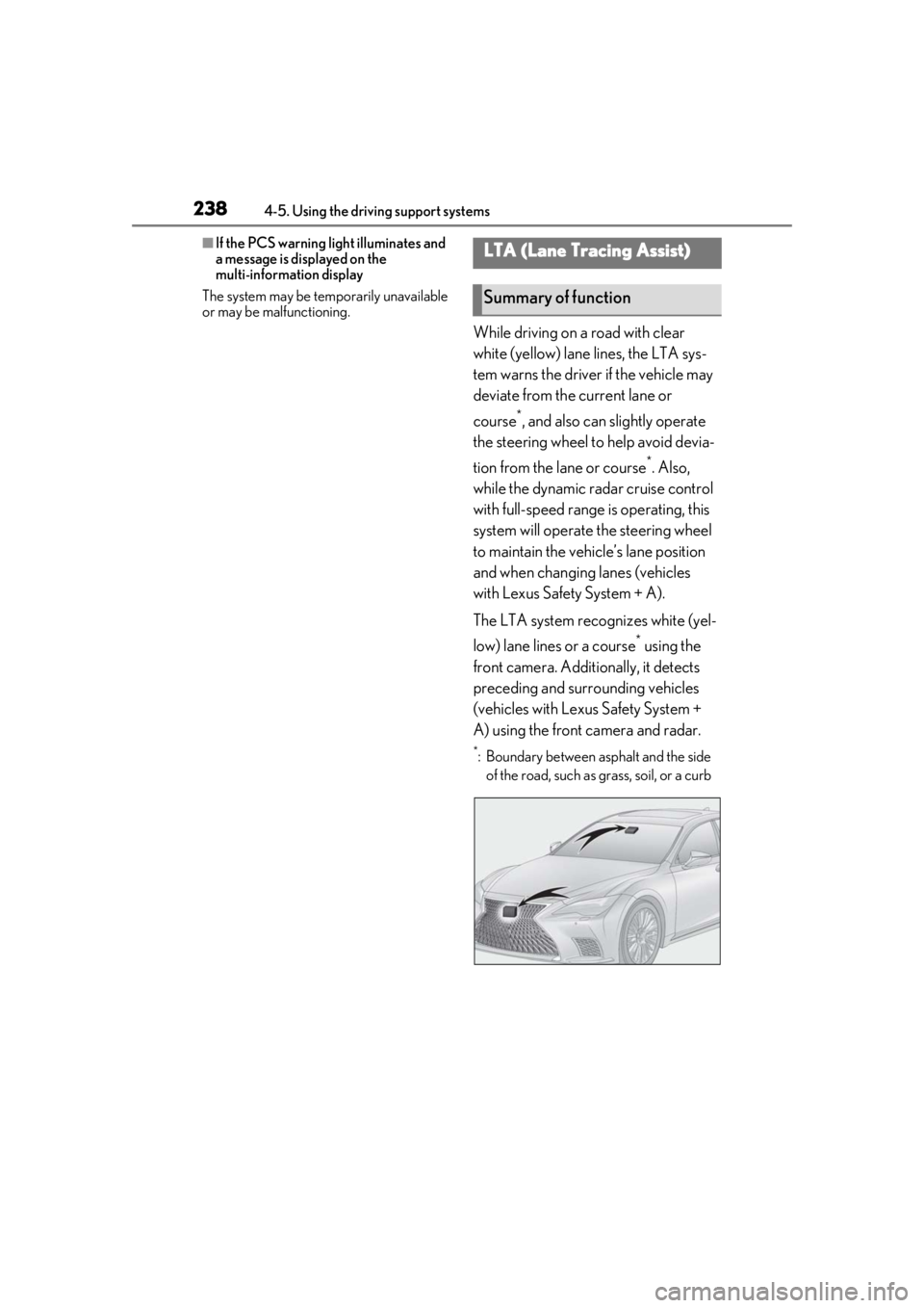 LEXUS LS500 2021  Owners Manual 2384-5. Using the driving support systems
■If the PCS warning light illuminates and 
a message is displayed on the 
multi-information display
The system may be temporarily unavailable 
or may be mal