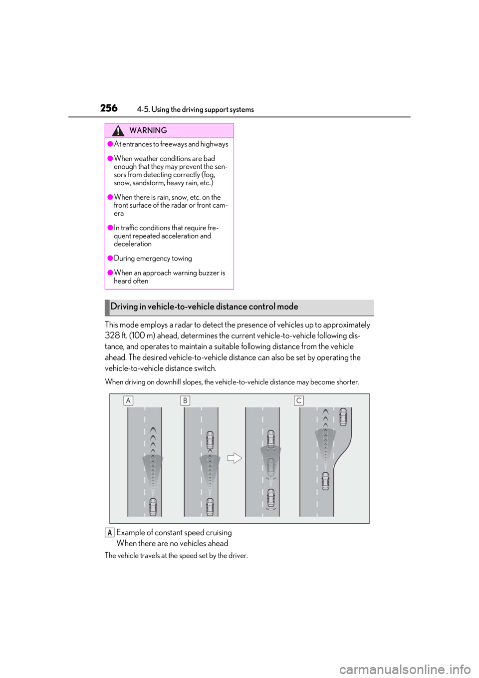 LEXUS LS500 2021  Owners Manual 2564-5. Using the driving support systems
This mode employs a radar to detect the presence of vehicles up to approximately 
328 ft. (100 m) ahead, determines the cu rrent vehicle-to-vehicle following 