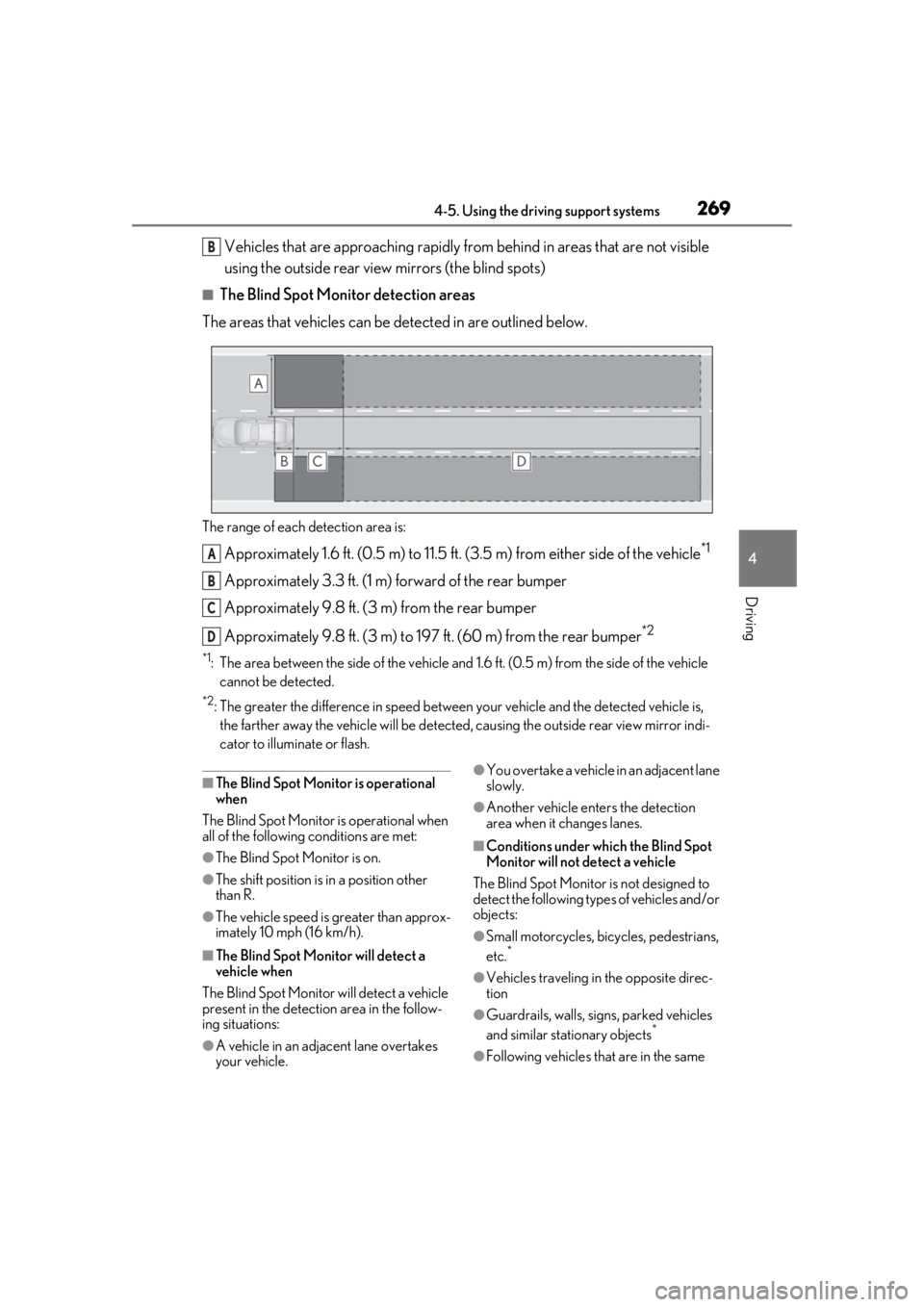 LEXUS LS500 2021  Owners Manual 2694-5. Using the driving support systems
4
Driving
Vehicles that are approaching rapidly from behind in areas that are not visible 
using the outside rear view mirrors (the blind spots)
■The Blind 