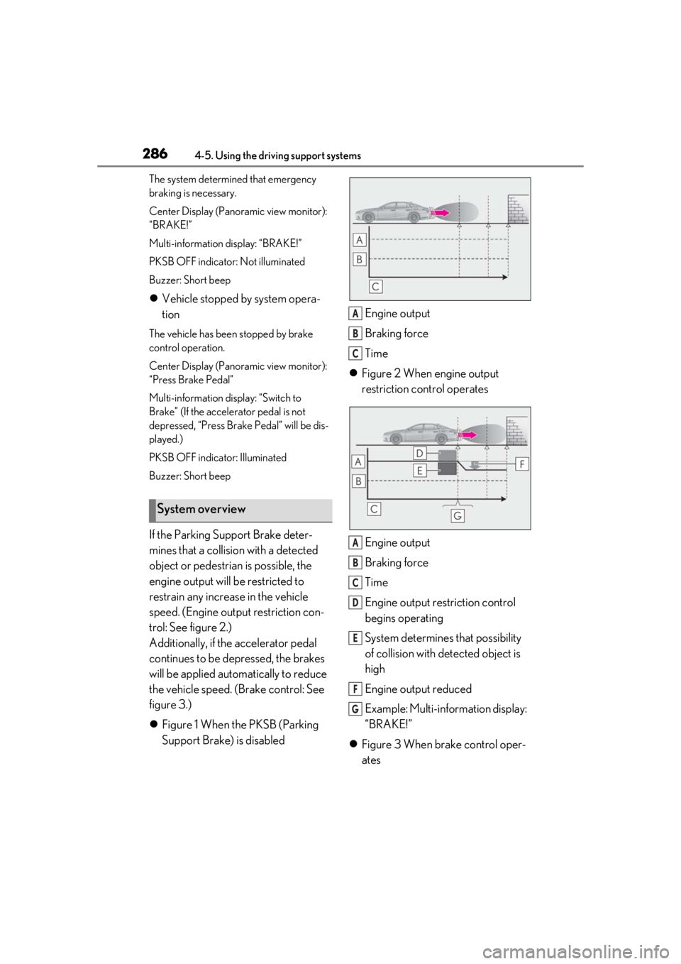 LEXUS LS500 2021 Owners Manual 2864-5. Using the driving support systems
The system determined that emergency
braking is necessary.
Center Display (Panoramic view monitor):
“BRAKE!”
Multi-information display: “BRAKE!”
PKS LEXUS LS500 2021 Owners Manual 2864-5. Using the driving support systems
The system determined that emergency
braking is necessary.
Center Display (Panoramic view monitor):
“BRAKE!”
Multi-information display: “BRAKE!”
PKS