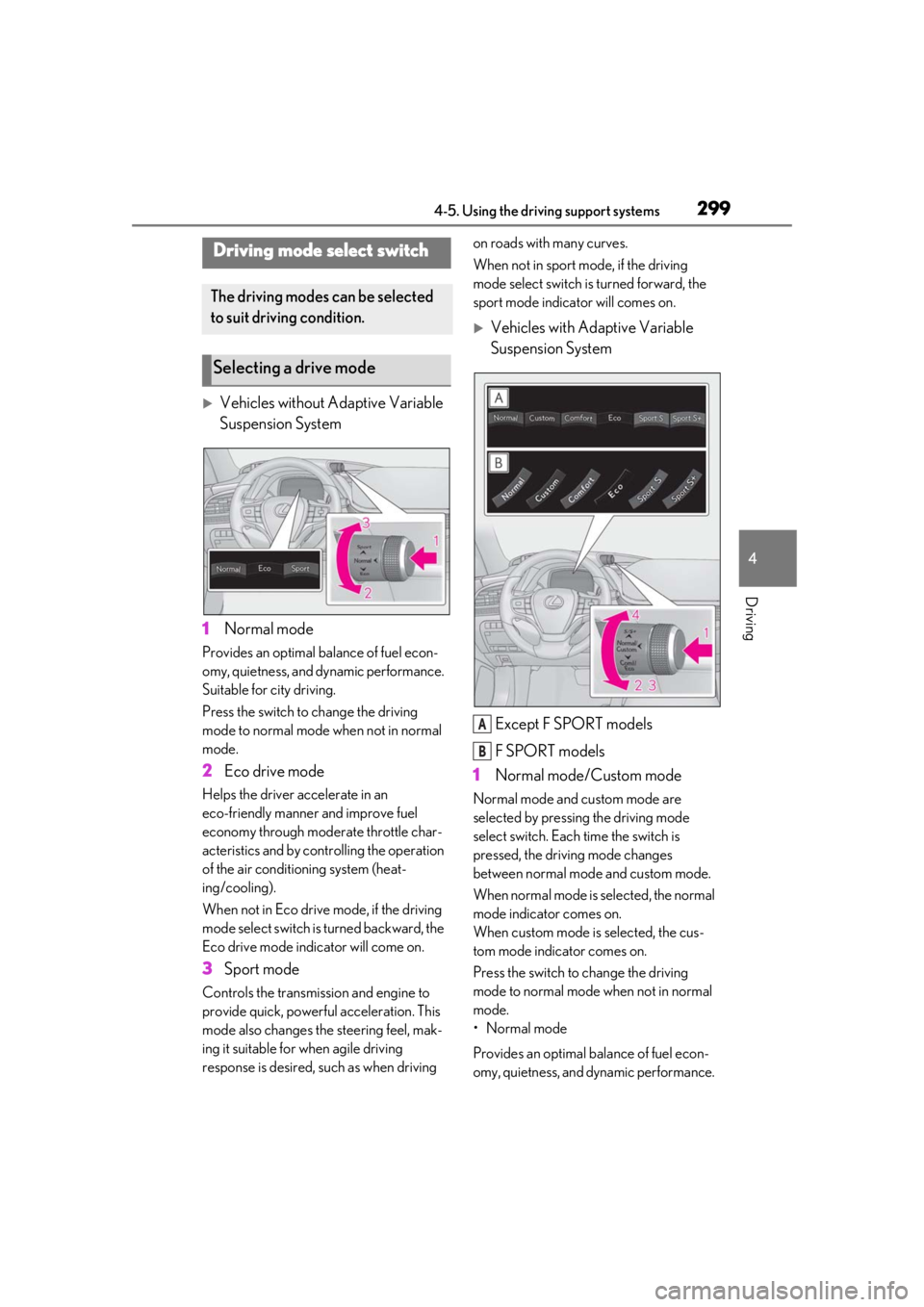 LEXUS LS500 2021 Owners Manual 2994-5. Using the driving support systems
4
Driving
Vehicles without Adaptive Variable
Suspension System
1 Normal mode
Provides an optimal ba lance of fuel econ-
omy, quietness, and dynamic perfor LEXUS LS500 2021 Owners Manual 2994-5. Using the driving support systems
4
Driving
Vehicles without Adaptive Variable
Suspension System
1 Normal mode
Provides an optimal ba lance of fuel econ-
omy, quietness, and dynamic perfor