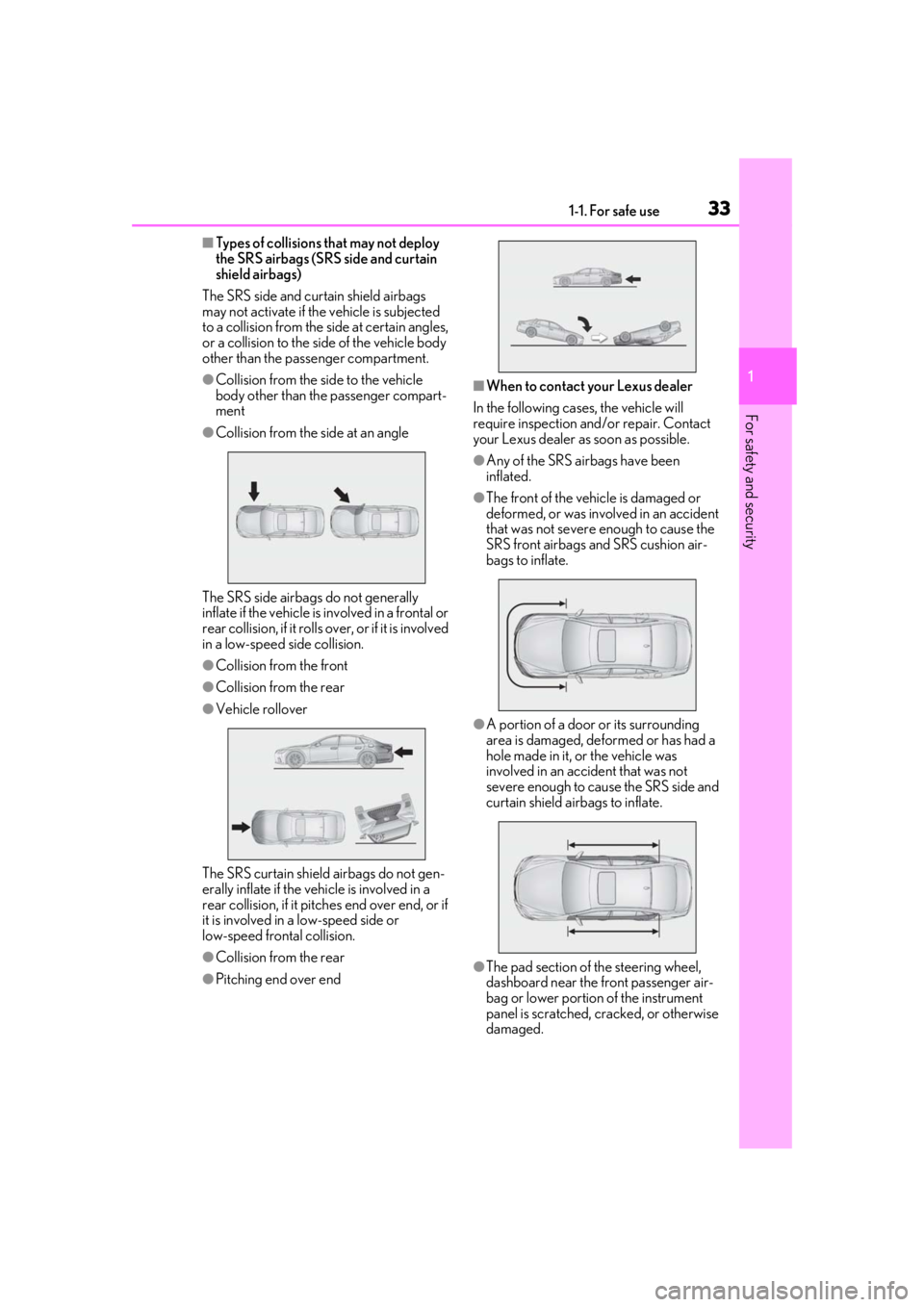 LEXUS LS500 2021  Owners Manual 331-1. For safe use
1
For safety and security
■Types of collisions that may not deploy 
the SRS airbags (SRS side and curtain 
shield airbags)
The SRS side and curtain shield airbags 
may not activa