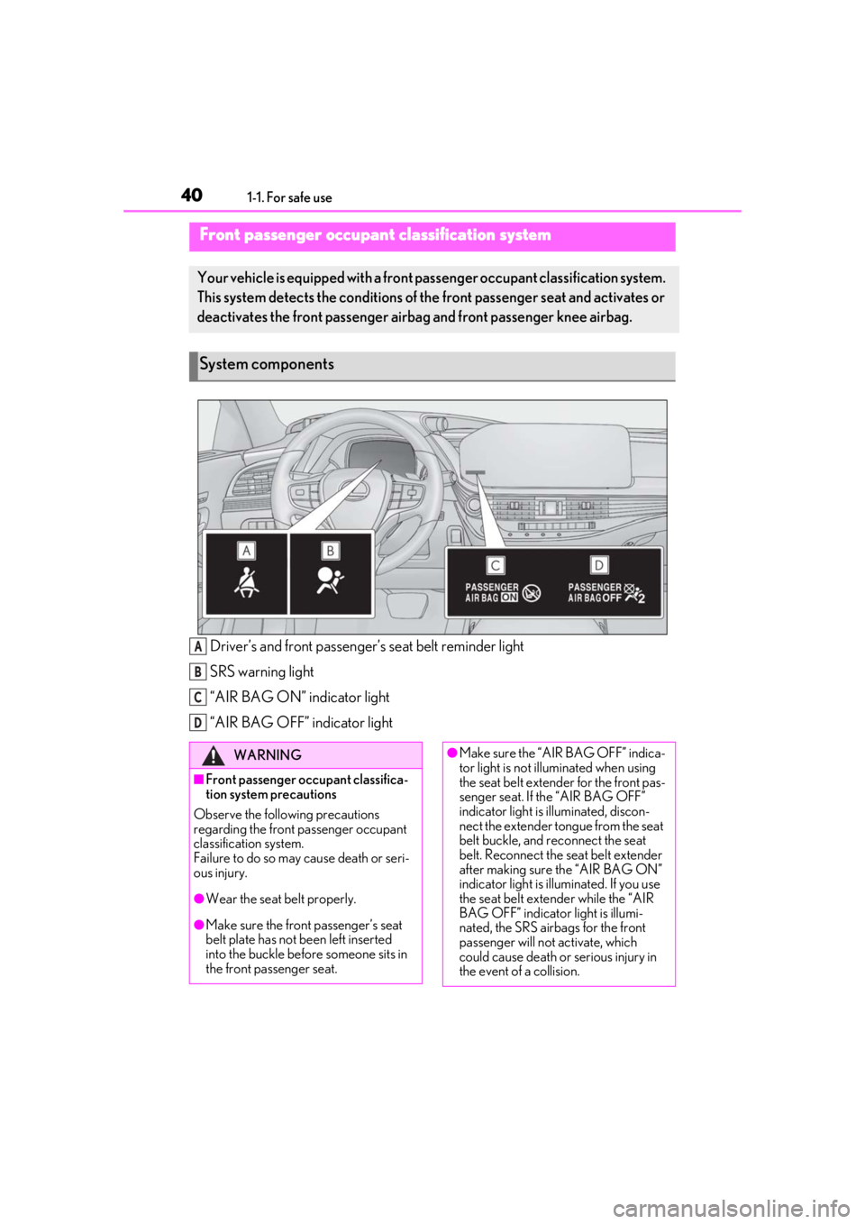 LEXUS LS500 2021 Owners Manual 401-1. For safe use
Driver’s and front passenger’s seat belt reminder light
SRS warning light
“AIR BAG ON” indicator light
“AIR BAG OFF” indicator light
Front passenger occupant classifica LEXUS LS500 2021 Owners Manual 401-1. For safe use
Driver’s and front passenger’s seat belt reminder light
SRS warning light
“AIR BAG ON” indicator light
“AIR BAG OFF” indicator light
Front passenger occupant classifica