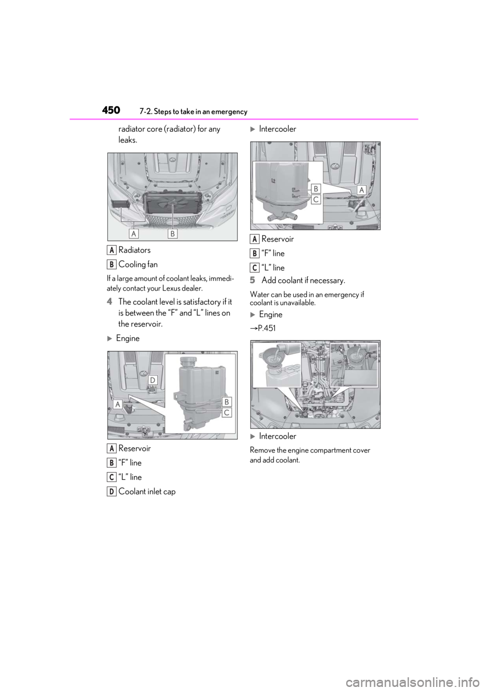 LEXUS LS500 2021  Owners Manual 4507-2. Steps to take in an emergency
radiator core (radiator) for any 
leaks.
Radiators
Cooling fan
If a large amount of coolant leaks, immedi-
ately contact your Lexus dealer.
4The coolant level is 