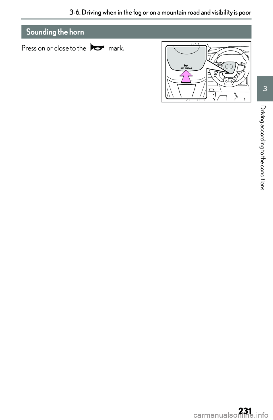 LEXUS NX250 350 2023  Owners Manual �S�o�u�n�d�i�n�g��t�h�e��h�o�r�n
�P�r�e�s�s� �o�n� �o�r� �c�l�o�s�e� �t�o� �t�h�e� 
� �m�a�r�k�.
�3�-�6�.��D�r�i�v�i�n�g��w�h�e�n��i�n��t�h�e��f�o�g��o�r��o�n��a��m�o�u�n�t�a�i�n��r�o�a�d�