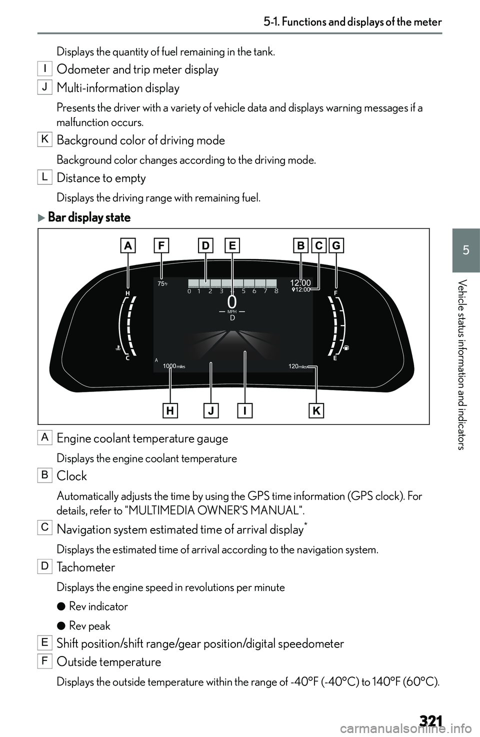 LEXUS NX250 350 2023  Owners Manual �D�i�s�p�l�a�y�s� �t�h�e� �q�u�a�n�t�i�t�y� �o�f� �f�u�e�l� �r�e�m�a�i�n�i�n�g� �i�n� �t�h�e� �t�a�n�k�.�I
�O�d�o�m�e�t�e�r� �a�n�d� �t�r�i�p� �m�e�t�e�r� �d�i�s�p�l�a�y
�J
�M�u�l�t�i�-�i�n�f�o�r�m�a�
