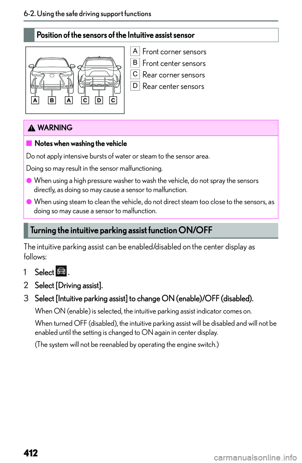 LEXUS NX250 350 2023  Owners Manual �P�o�s�i�t�i�o�n��o�f��t�h�e��s�e�n�s�o�r�s��o�f��t�h�e��I�n�t�u�i�t�i�v�e��a�s�s�i�s�t��s�e�n�s�o�r� 
�A
�F�r�o�n�t� �c�o�r�n�e�r� �s�e�n�s�o�r�s
�B
�F�r�o�n�t� �c�e�n�t�e�r� �s�e�n�s�o�r�s
�