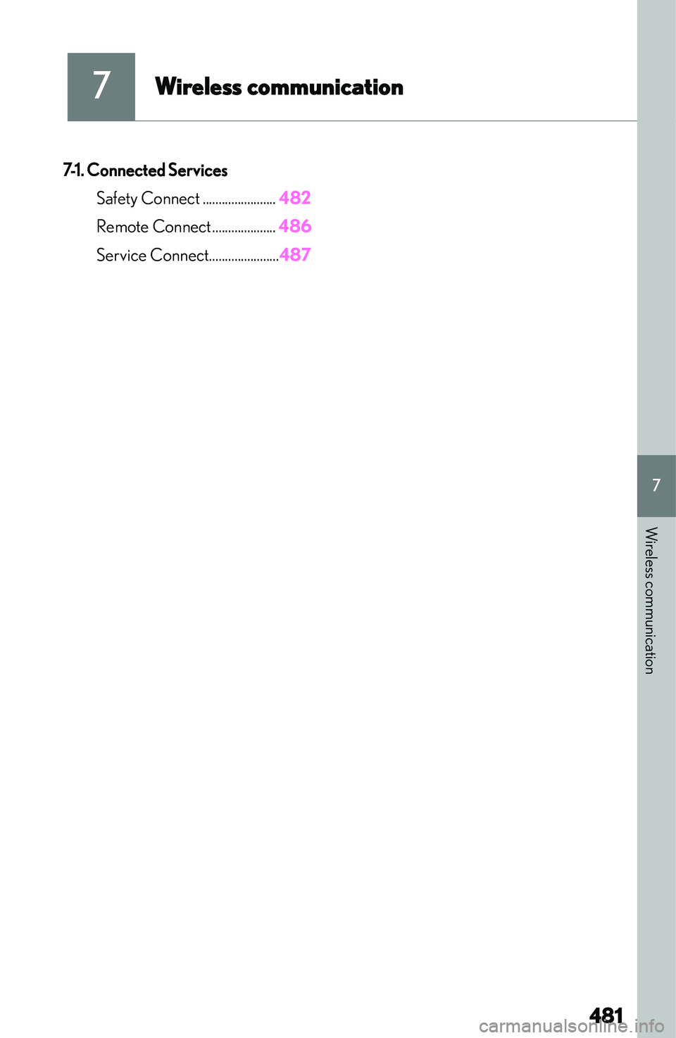 LEXUS NX250 350 2023  Owners Manual �7
�W�i�r�e�l�e�s�s��c�o�m�m�u�n�i�c�a�t�i�o�n
�7�-�1�.��C�o�n�n�e�c�t�e�d��S�e�r�v�i�c�e�s�S�a�f�e�t�y� �C�o�n�n�e�c�t �.�.�.�.�.�.�.�.�.�.�.�.�.�.�.�.�.�.�.�.�.�.�. �4�8�2
�R�e�m�o�t�e� �C�o�n�n�