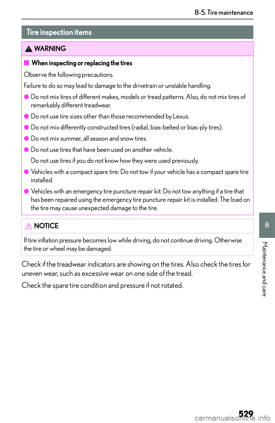 LEXUS NX250 350 2023  Owners Manual �T�i�r�e��i�n�s�p�e�c�t�i�o�n��i�t�e�m�s�W�A�R�N�I�N�G�