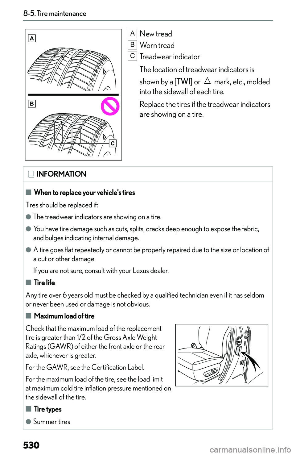 LEXUS NX250 350 2023  Owners Manual � �A�N�e�w� �t�r�e�a�d�B
�W�o�r�n� �t�r�e�a�d
�C
�T�r�e�a�d�w�e�a�r� �i�n�d�i�c�a�t�o�r
�T�h�e� �l�o�c�a�t�i�o�n� �o�f� �t�r�e�a�d�w�e�a�r� �i�n�d�i�c�a�t�o�r�s� �i�s �s�h�o�w�n� �b�y� �a� �[ �T�W�I�@