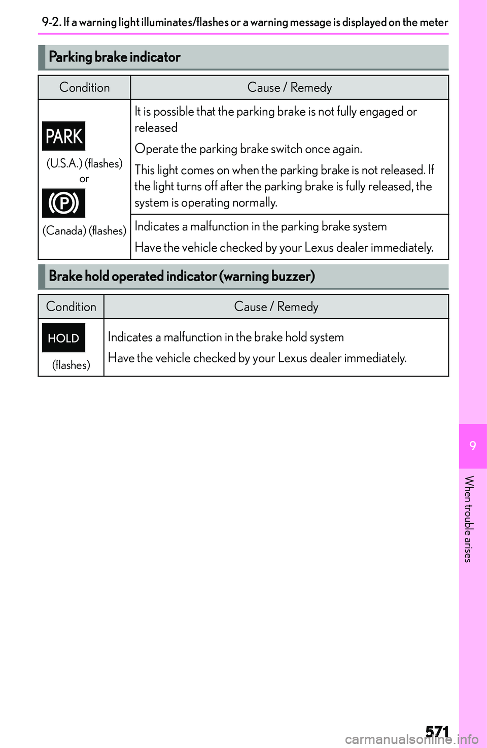 LEXUS NX250 350 2023  Owners Manual �P�a�r�k�i�n�g��b�r�a�k�e��i�n�d�i�c�a�t�o�r�C�o�n�d�i�t�i�o�n�C�a�u�s�e� �/� �R�e�m�e�d�y
�(�U�.�S�.�A�.�)� �(�f�l�a�s�h�e�s�)�o�r
�(�C�a�n�a�d�a�)� �(�f�l�a�s�h�e�s�)
�I�t� �i�s� �p�o�s�s�i�b�l�e�