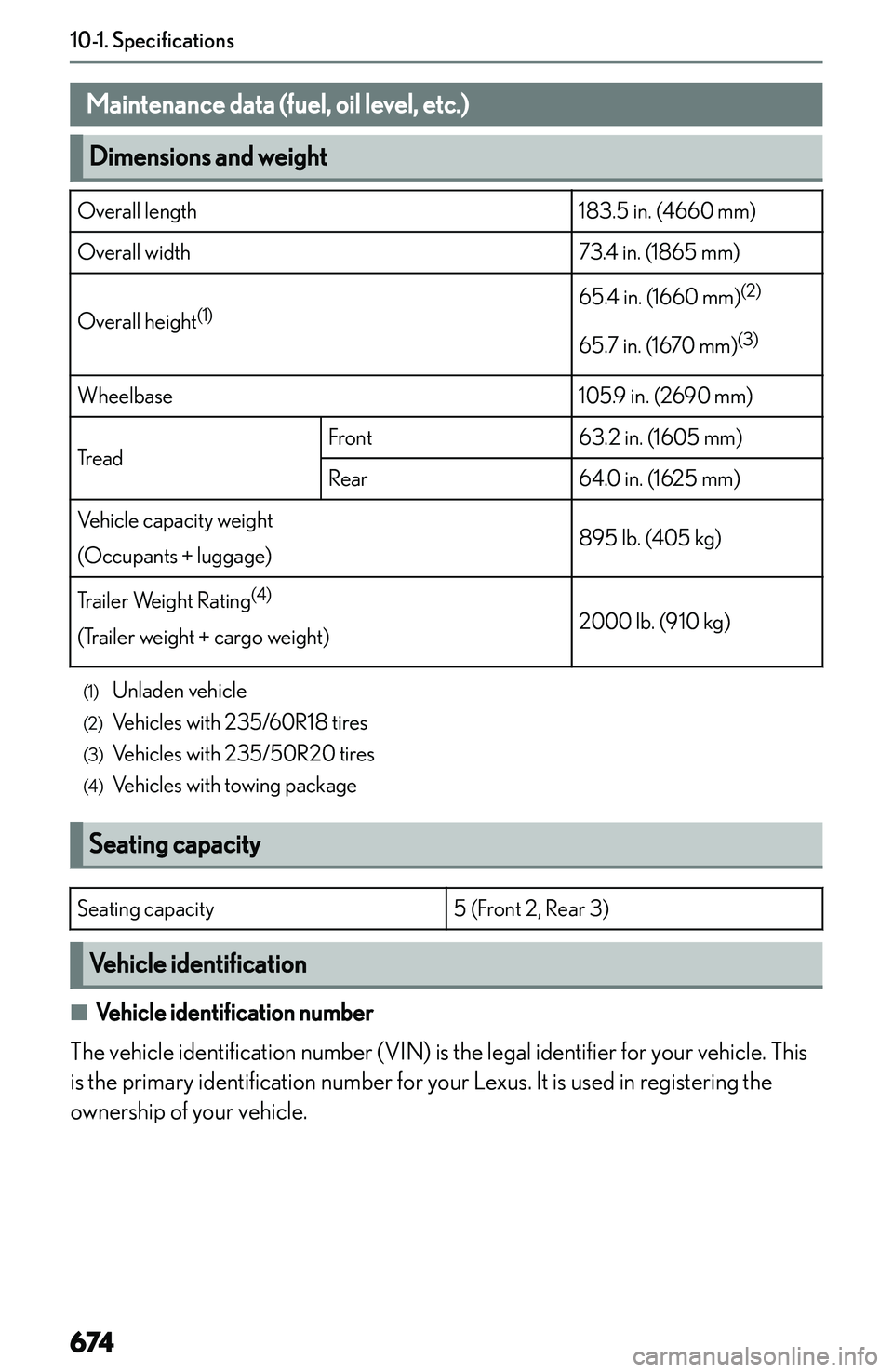LEXUS NX250 350 2023  Owners Manual �S�p�e�c�i�f�i�c�a�t�i�o�n�s
�M�a�i�n�t�e�n�a�n�c�e��d�a�t�a��(�f�u�e�l�,��o�i�l��l�e�v�e�l�,��e�t�c�.�)
�D�i�m�e�n�s�i�o�n�s��a�n�d��w�e�i�g�h�t
�O�v�e�r�a�l�l� �l�e�n�g�t�h�1�8�3�.�5� �i�n�.�