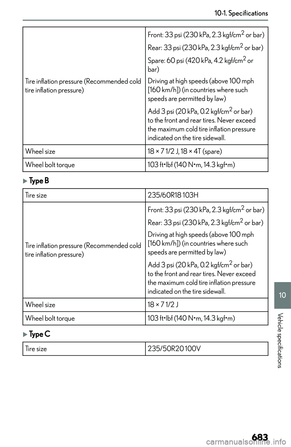 LEXUS NX250 350 2023  Owners Manual �T�i�r�e� �i�n�f�l�a�t�i�o�n� �p�r�e�s�s�u�r�e� �(�R�e�c�o�m�m�e�n�d�e�d� �c�o�l�d
�t�i�r�e� �i�n�f�l�a�t�i�o�n� �p�r�e�s�s�u�r�e�)
�F�r�o�n�t�:� �3�3� �p�s�i� �(�2�3�0� �k�P�a�,� �2�.�3� �k�g�f�/�c�m