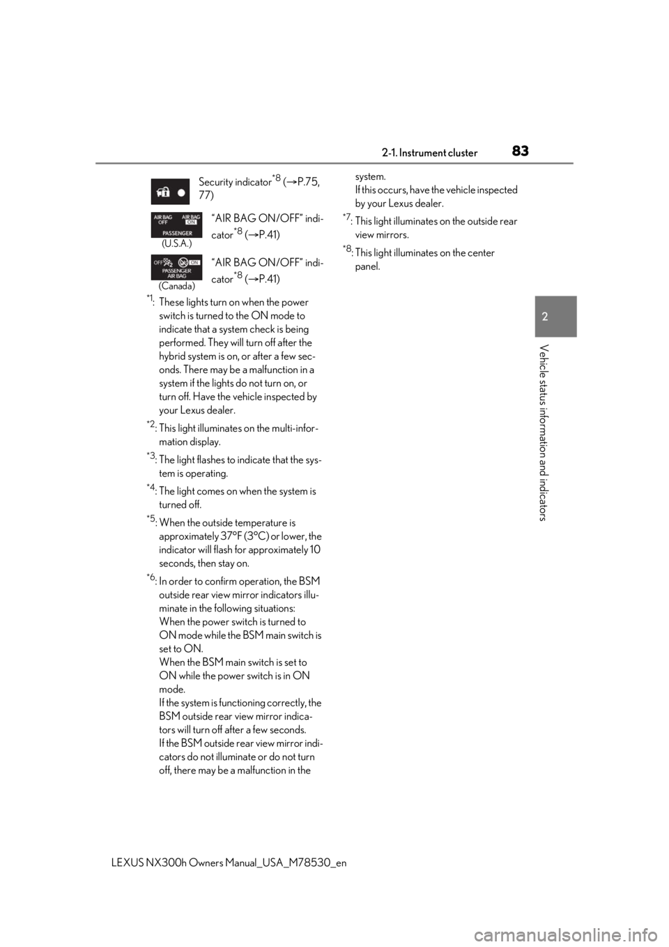 LEXUS NX300h 2020 Owners Manual 832-1. Instrument cluster
LEXUS NX300h Owners Manual_USA_M78530_en
2
Vehicle status information and indicators
*1: These lights turn on when the power switch is turned to the ON mode to
indicate tha LEXUS NX300h 2020 Owners Manual 832-1. Instrument cluster
LEXUS NX300h Owners Manual_USA_M78530_en
2
Vehicle status information and indicators
*1: These lights turn on when the power switch is turned to the ON mode to
indicate tha