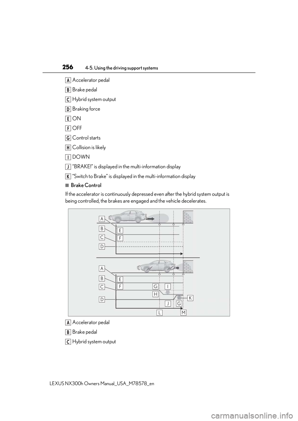 LEXUS NX300h 2021  Owners Manual 2564-5. Using the driving support systems
LEXUS NX300h Owners Manual_USA_M78578_en
Accelerator pedal
Brake pedal
Hybrid system output
Braking force
ON
OFF
Control starts
Collision is likely
DOWN
“BR