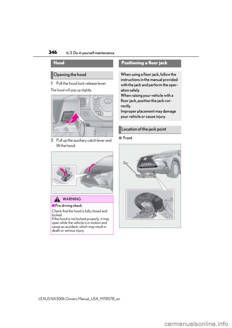 LEXUS NX300h 2021  Owners Manual 3466-3. Do-it-yourself maintenance
LEXUS NX300h Owners Manual_USA_M78578_en
1Pull the hood lock release lever.
The hood will pop up slightly.
2Pull up the auxiliary catch lever and 
lift the hood.■F