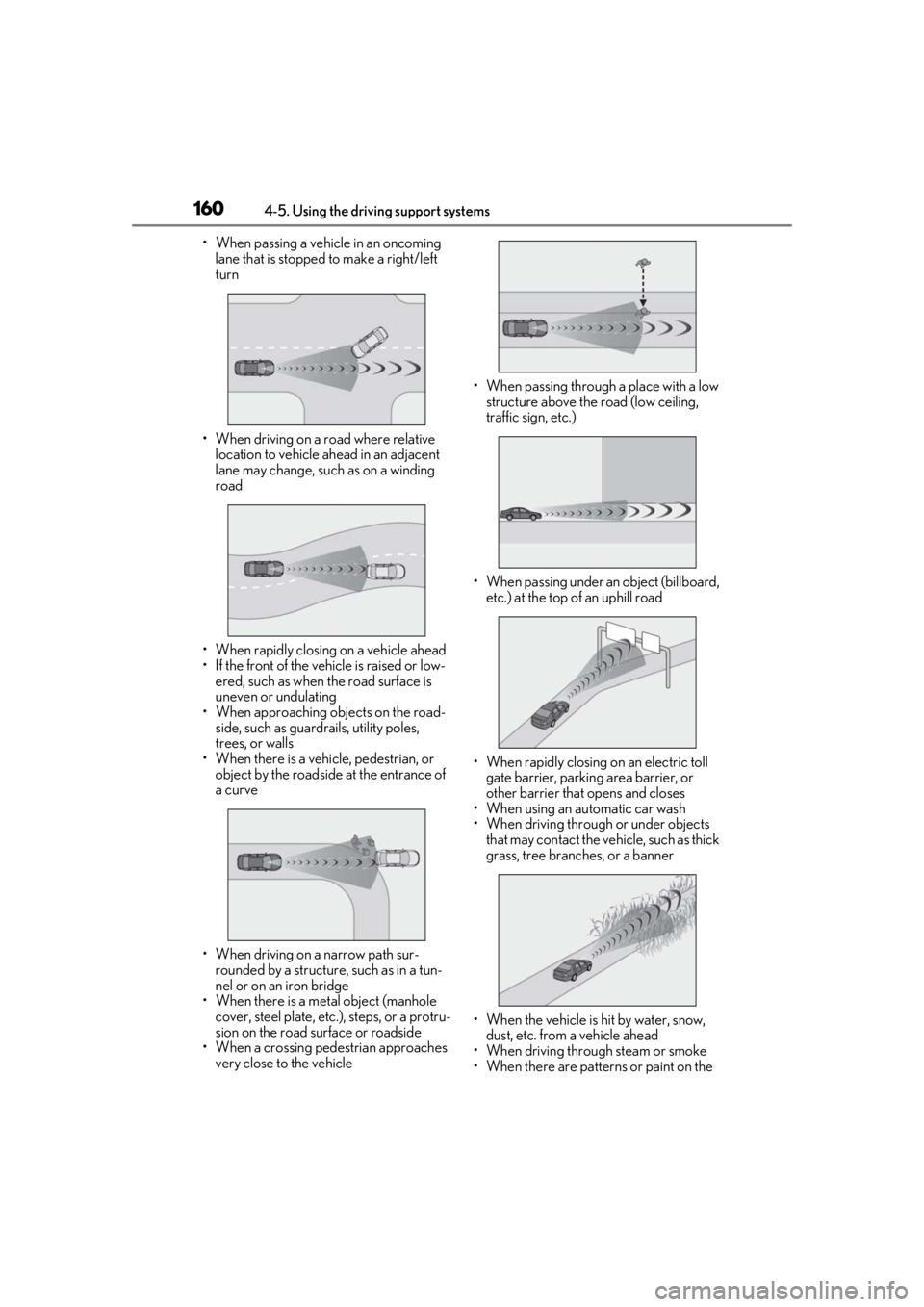 LEXUS RC300 2020  Owners Manual 1604-5. Using the driving support systems
• When passing a vehicle in an oncoming lane that is stopped  to make a right/left 
turn
• When driving on a road where relative  location to vehicle ahea