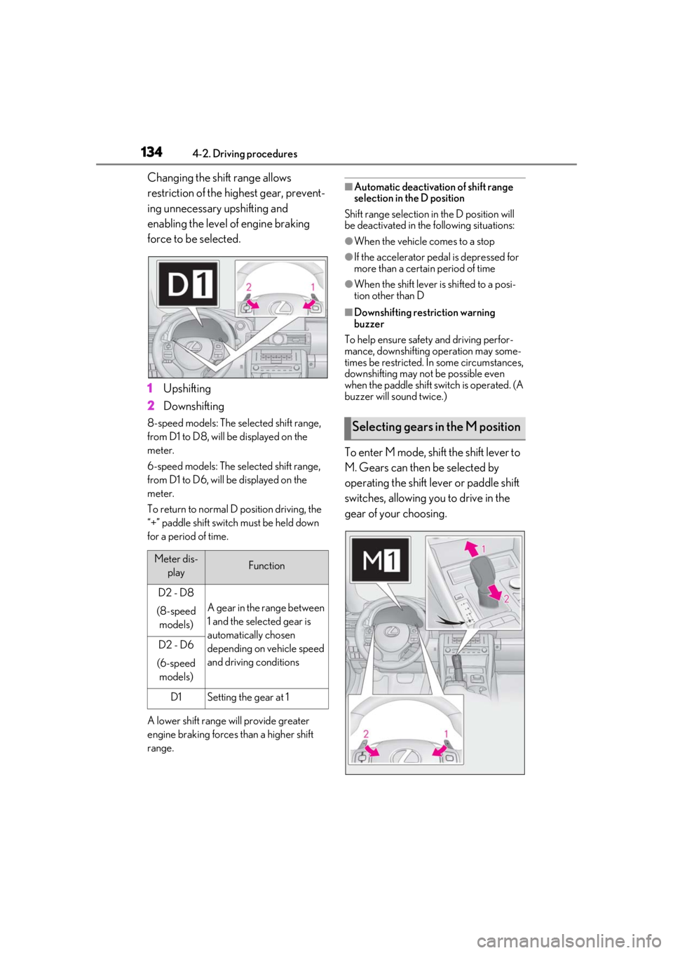 LEXUS RC300 2021  Owners Manual 1344-2. Driving procedures
Changing the shift range allows 
restriction of the highest gear, prevent-
ing unnecessary upshifting and 
enabling the level of engine braking 
force to be selected.
1Upshi