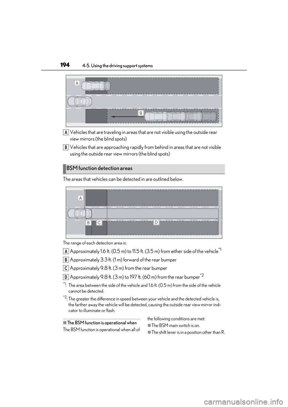 LEXUS RC300 2021  Owners Manual 1944-5. Using the driving support systems
Vehicles that are traveling in areas that are not visible using the outside rear 
view mirrors (the blind spots)
Vehicles that are approaching rapidly from  b
