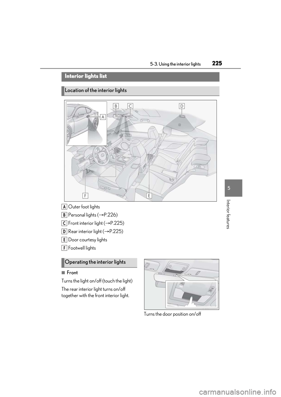 LEXUS RC300 2021  Owners Manual 2255-3. Using the interior lights
5
Interior features
5-3.Using the interior lights
Outer foot lights
Personal lights (P.226)
Front interi or light (P.225)
Rear interior light ( P.225)
Door c