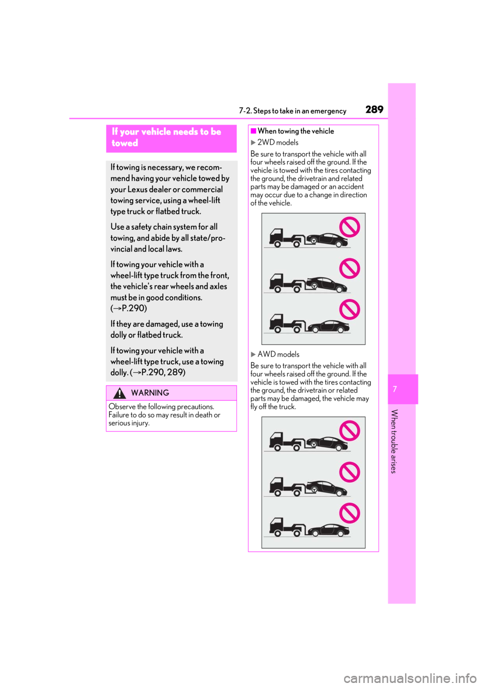 LEXUS RC300 2021  Owners Manual 2897-2. Steps to take in an emergency
7
When trouble arises
7-2.Steps to take in an emergency
If your vehicle needs to be 
towed
If towing is necessary, we recom-
mend having your vehicle towed by 
yo