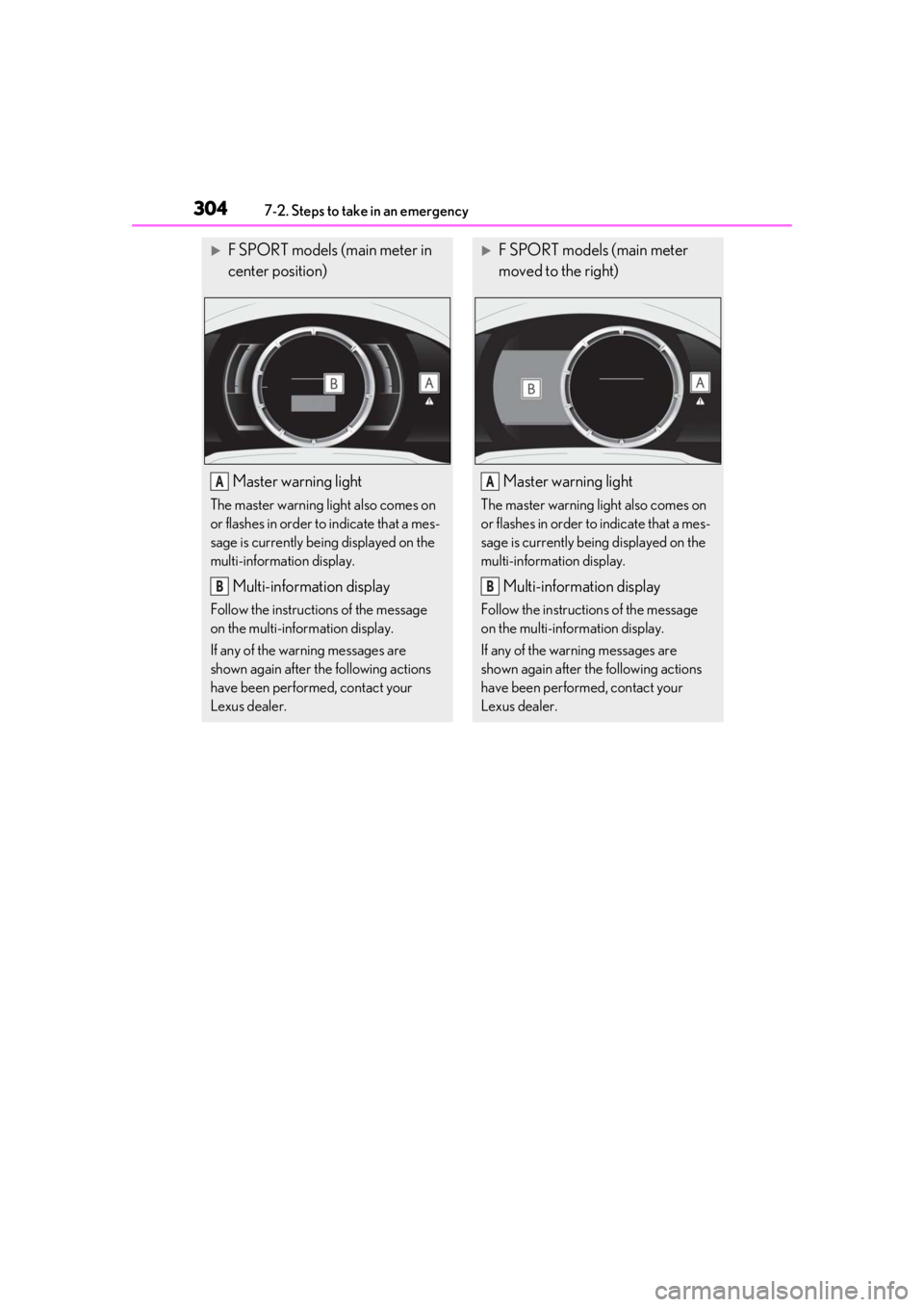 LEXUS RC300 2021  Owners Manual 3047-2. Steps to take in an emergency
F SPORT models (main meter in 
center position)
Master warning light
The master warning light also comes on 
or flashes in order to indicate that a mes-
sage i