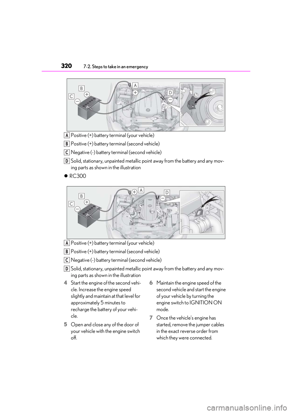 LEXUS RC300 2021  Owners Manual 3207-2. Steps to take in an emergency
Positive (+) battery terminal (your vehicle)
Positive (+) battery terminal (second vehicle)
Negative (-) battery terminal (second vehicle)
Solid, stationary, unpa
