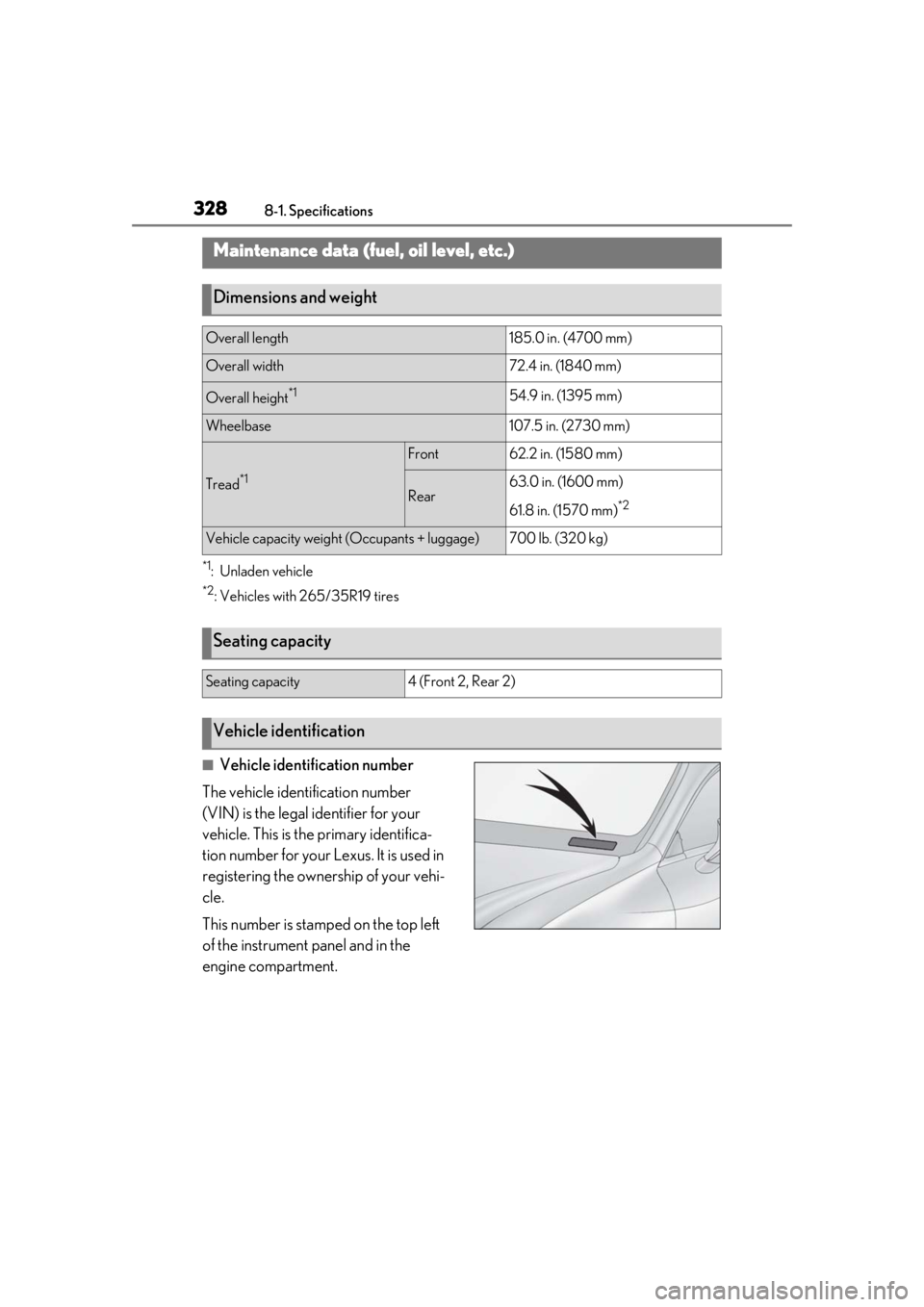 LEXUS RC300 2021  Owners Manual 3288-1. Specifications
8-1.Specifications
*1:Unladen vehicle
*2: Vehicles with 265/35R19 tires
■Vehicle identification number
The vehicle identification number 
(VIN) is the legal identifier for you