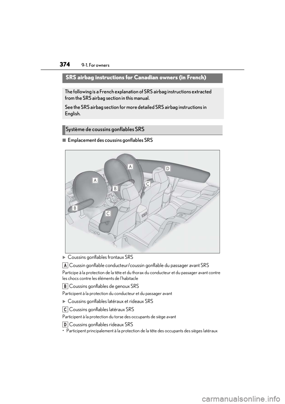 LEXUS RC300 2021  Owners Manual 3749-1. For owners
■Emplacement des coussins gonflables SRS
Coussins gonflables frontaux SRS
Coussin gonflable conducteur/coussi n gonflable du passager avant SRS
Participe à la protection de la