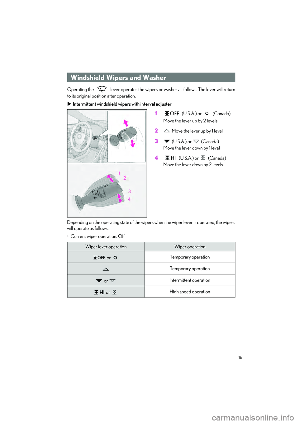 LEXUS RC300 2023  Owners Manual 18
RC350 AWD_RC350_RC300 AWD_RC300_QG_(U)
Operating the   lever operates the wipers or washer as follows. The lever will return
to its original position after operation.
 Intermittent windshield wi