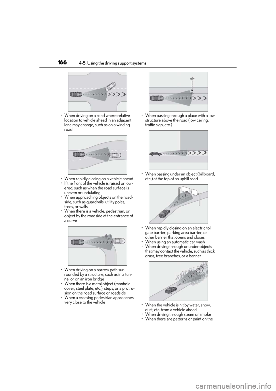 LEXUS RC350 2021  Owners Manual 1664-5. Using the driving support systems
• When driving on a road where relative location to vehicle ahead in an adjacent 
lane may change, such as on a winding 
road
• When rapidly closing on a 