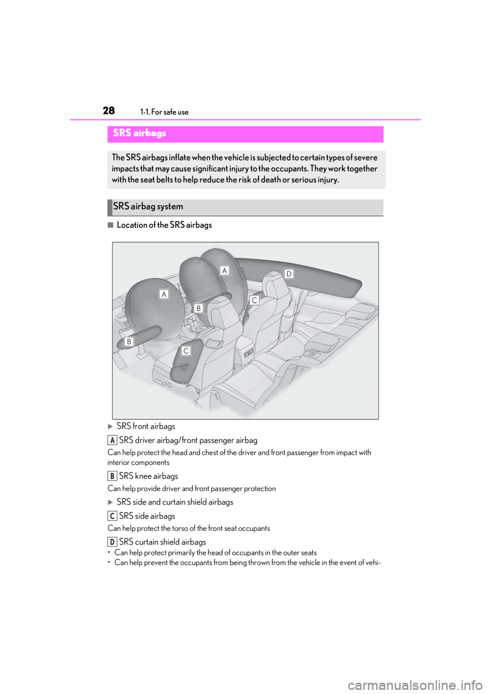 LEXUS RC350 2021  Owners Manual 281-1. For safe use
■Location of the SRS airbags
SRS front airbagsSRS driver airbag/front passenger airbag
Can help protect the head and chest of the driver and front passenger from impact with 
