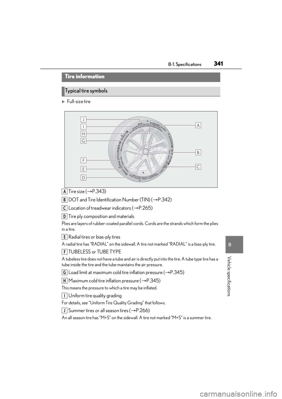 LEXUS RC350 2021  Owners Manual 3418-1. Specifications
8
Vehicle specifications
Full-size tireTire size ( P.343)
DOT and Tire Identification Number (TIN) ( P.342)
Location of treadwear indicators ( P.265)
Tire ply compos