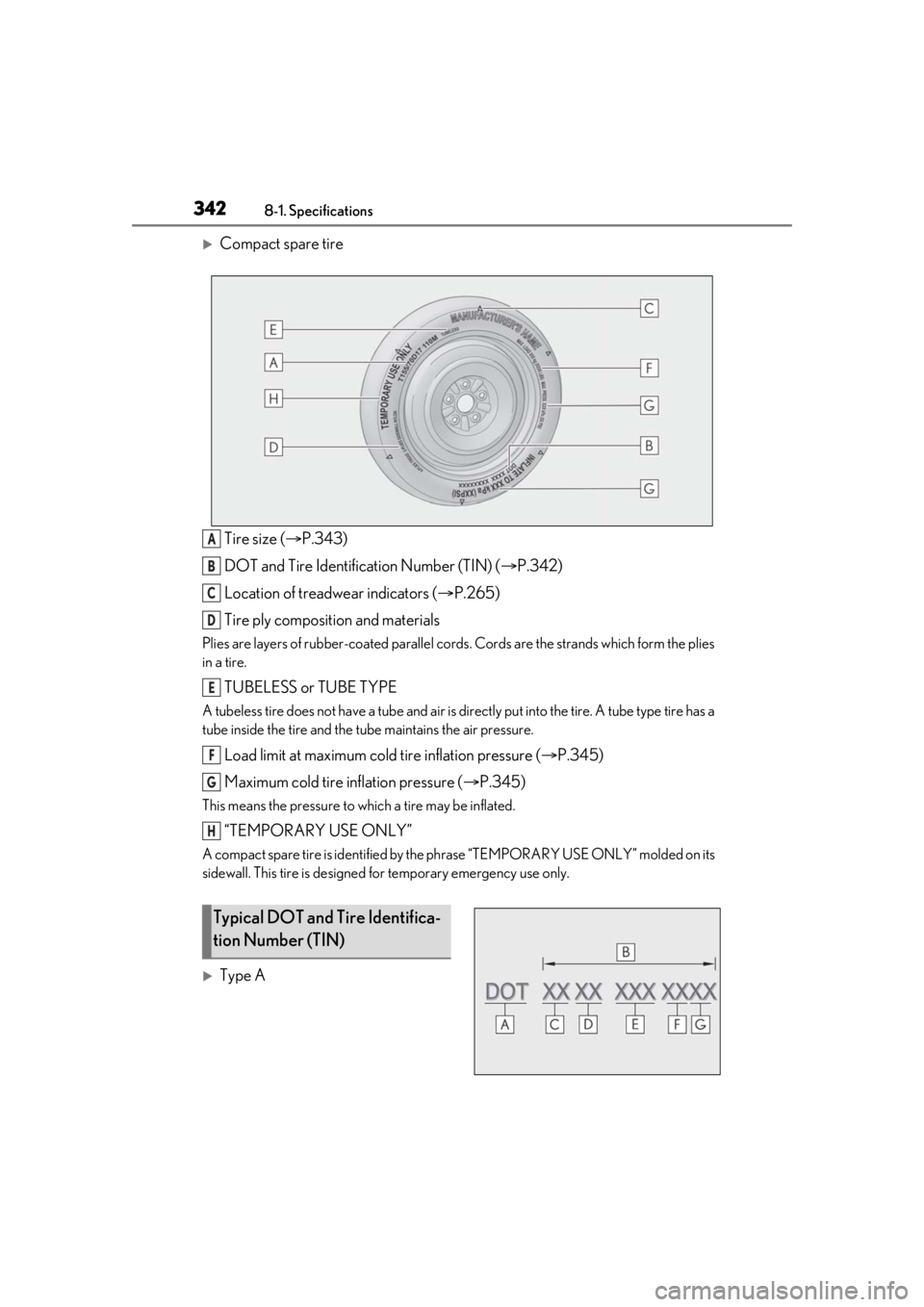 LEXUS RC350 2021  Owners Manual 3428-1. Specifications
Compact spare tireTire size ( P.343)
DOT and Tire Identification Number (TIN) ( P.342)
Location of treadwear indicators ( P.265)
Tire ply composition and materials
P