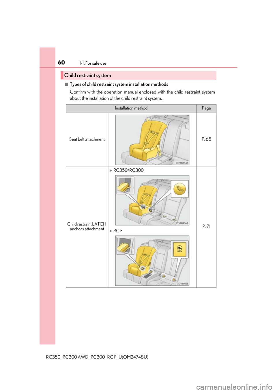 LEXUS RCF 2018  Owners Manual 60 1-1. For safe use
RC350_RC300 AWD_RC3 00_RC F_U(OM24748U)■
Types of child restraint system installation methods
Confirm with the operation manual encl osed with the child restraint system
about t