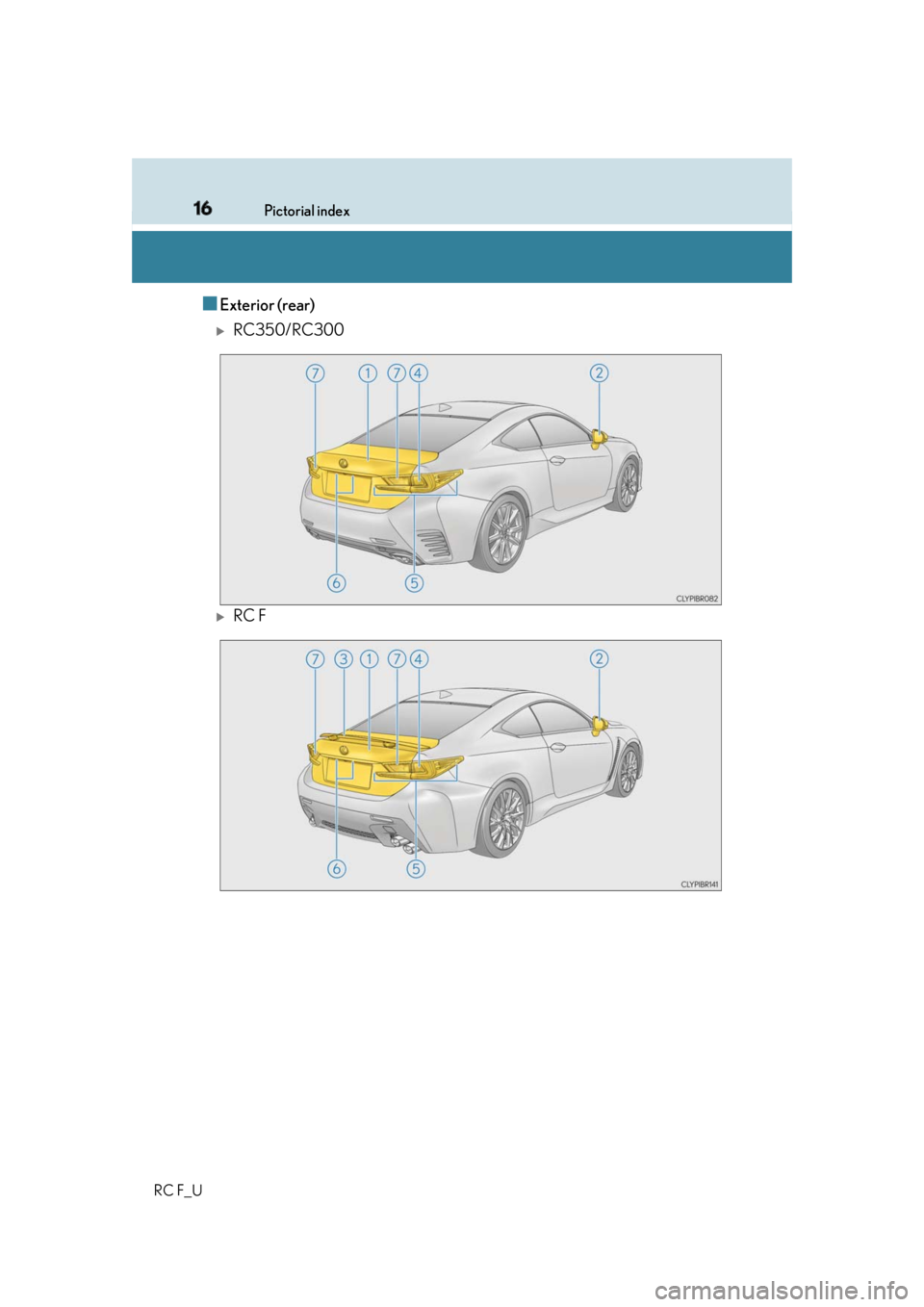 LEXUS RCF 2019  Owners Manual 16 Pictorial index
RC F_U ■ Exterior (rear) 
RC350/RC300 
RC F 
