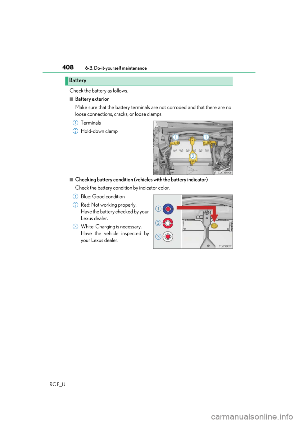 LEXUS RCF 2019  Owners Manual 408 6-3. Do-it-yourself maintenance
RC F_U Check the battery as follows. ■
Battery exterior
Make sure that the battery terminals  are not corroded and that there are no
loose connections, cracks, or