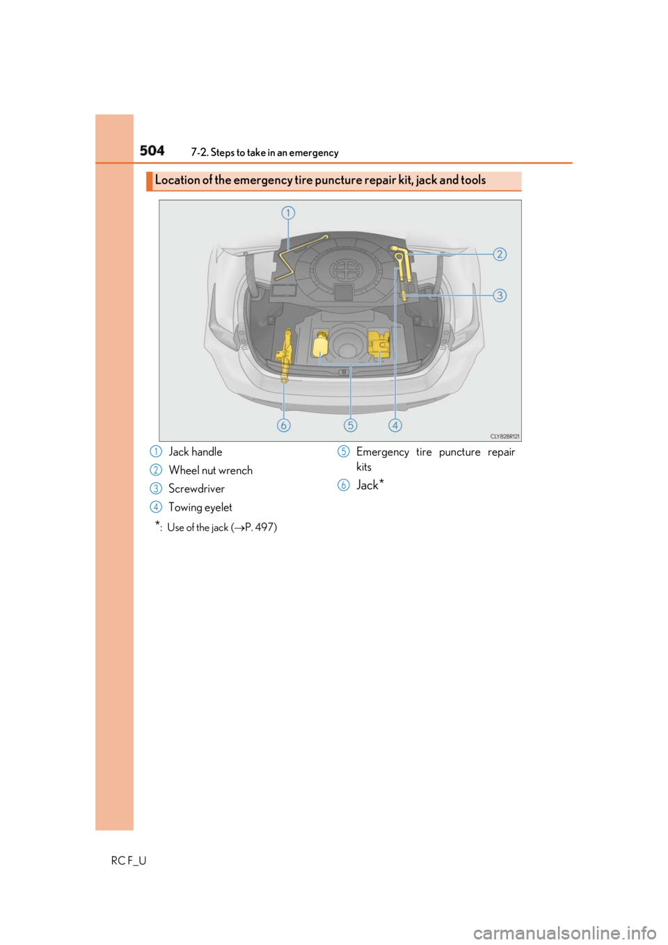 LEXUS RCF 2019  Owners Manual 504 7-2. Steps to take in an emergency
RC F_U * :  Use of the jack (  P. 497)Location of the emergency tire puncture repair kit, jack and tools
Jack handle
Wheel nut wrench
Screwdriver
Towing eyele